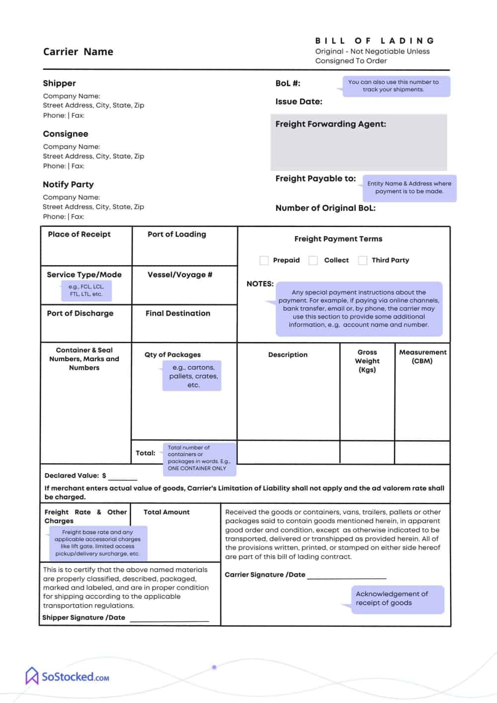 Bill of Lading Sample