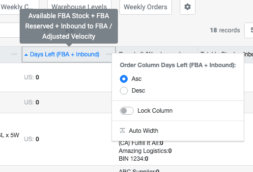 SoStocked - sort the column Days Left (FBA + Inbound)
