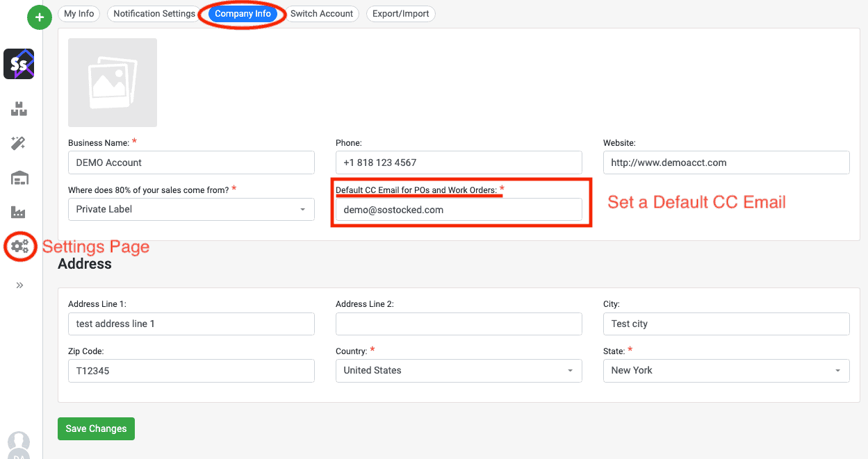 SoStocked Set a Default cc Email Address for Purchase Orders and Work Orders